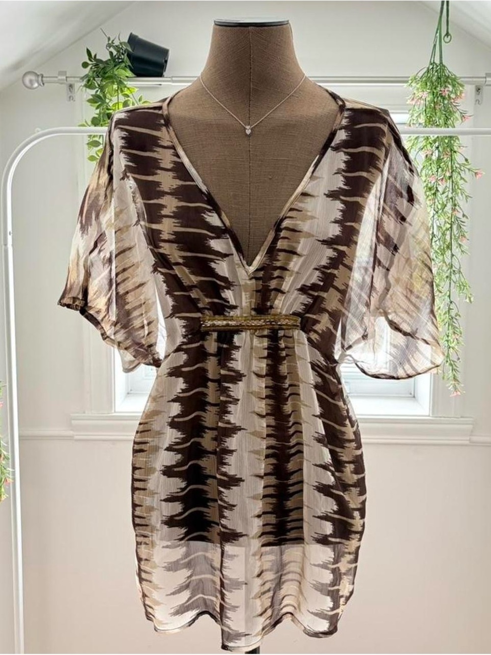 Sheer Brown & Cream V-Neck Coverup